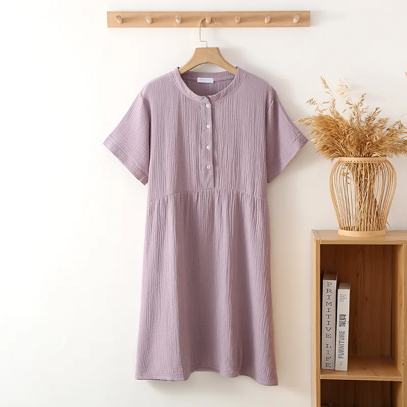 Summer Sleepwear 100% Cotton Crepe Short-sleeved Sleepshirts Plus Size Loose Nightgowns Women Night Gown Sexy Sleeping Dress