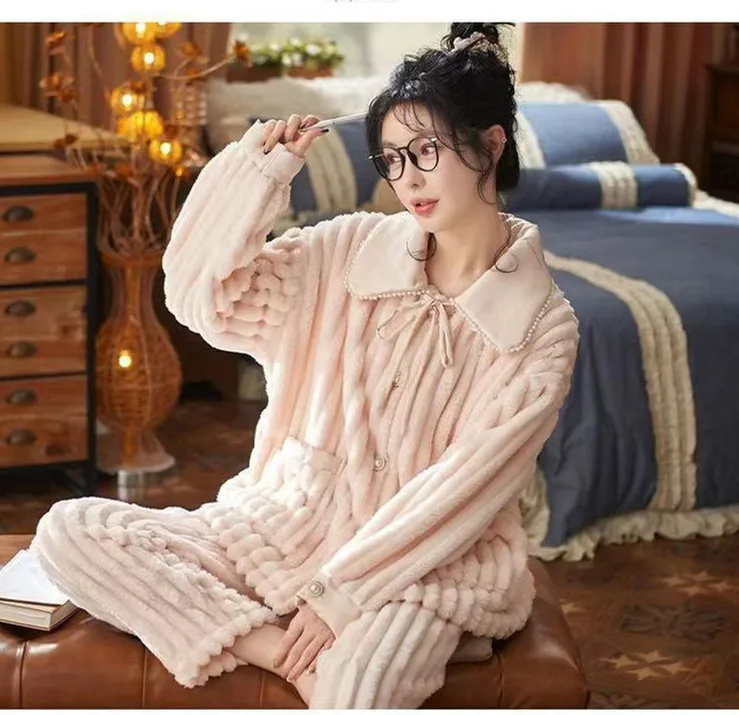 Winter Coral Women Pajamas Set Warm Sleepwear Winter Home Wear Pyjamas Sweet Flannel Thicken Sweet Girls Pyjamas