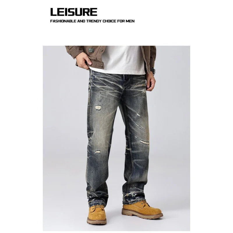 

Retro jeans men, high-end street style, washed and worn,, small straight tube, trendy, cool and nostalgic pants