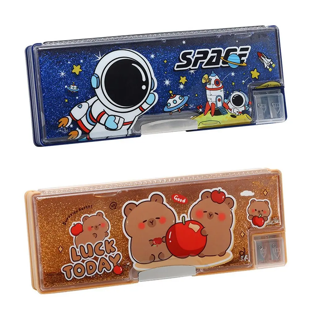 Capybara/Astronaut Multifunctional Pencil Case Double Sided Use Quicksand Decor Stationery Box Large Capacity Pen Bag Students