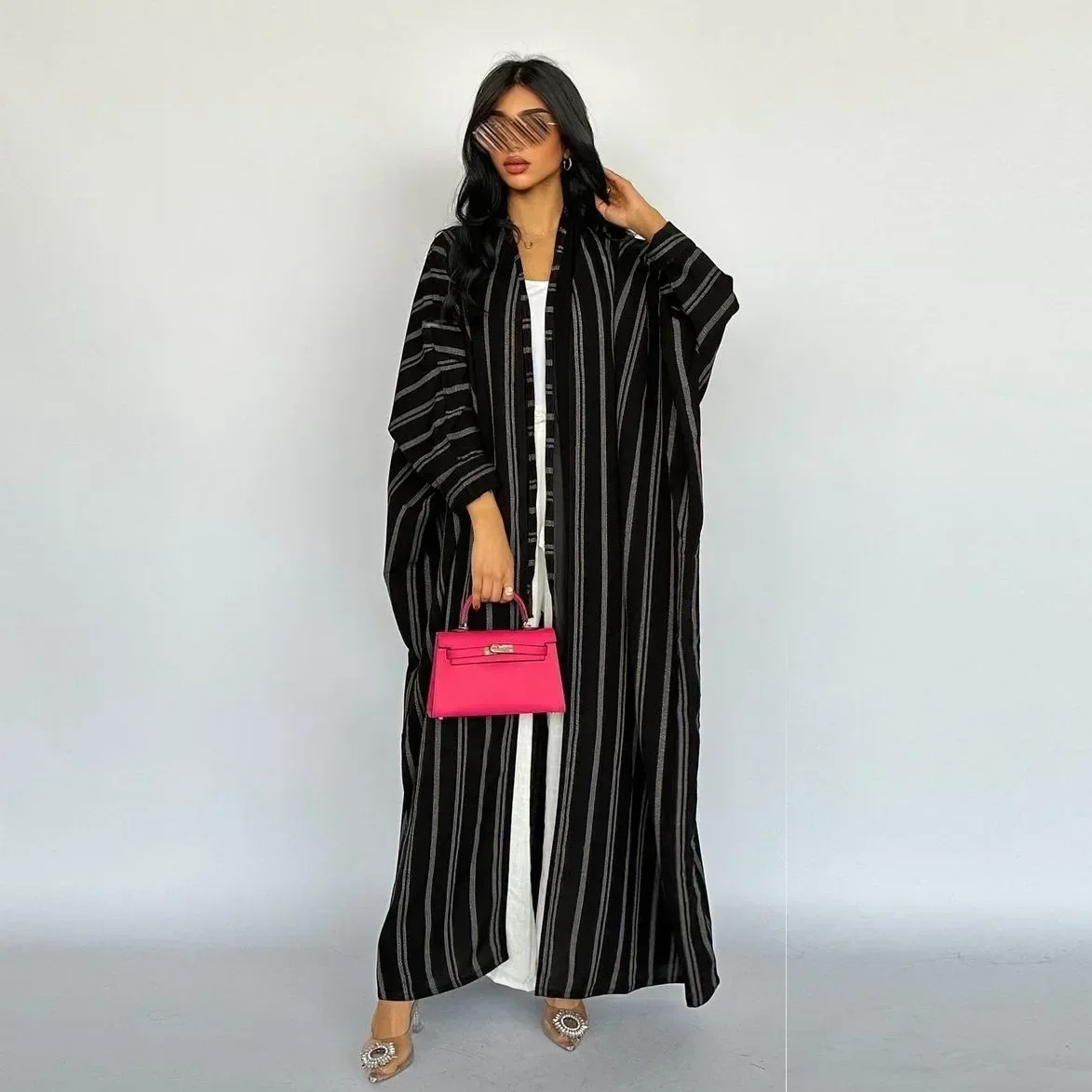 Modest Stripe Black Open Abaya Kimono Muslim Outwear Turkish Tunics and Abayas for Women Dubai Islamic Clothes Kaftan Ramadan