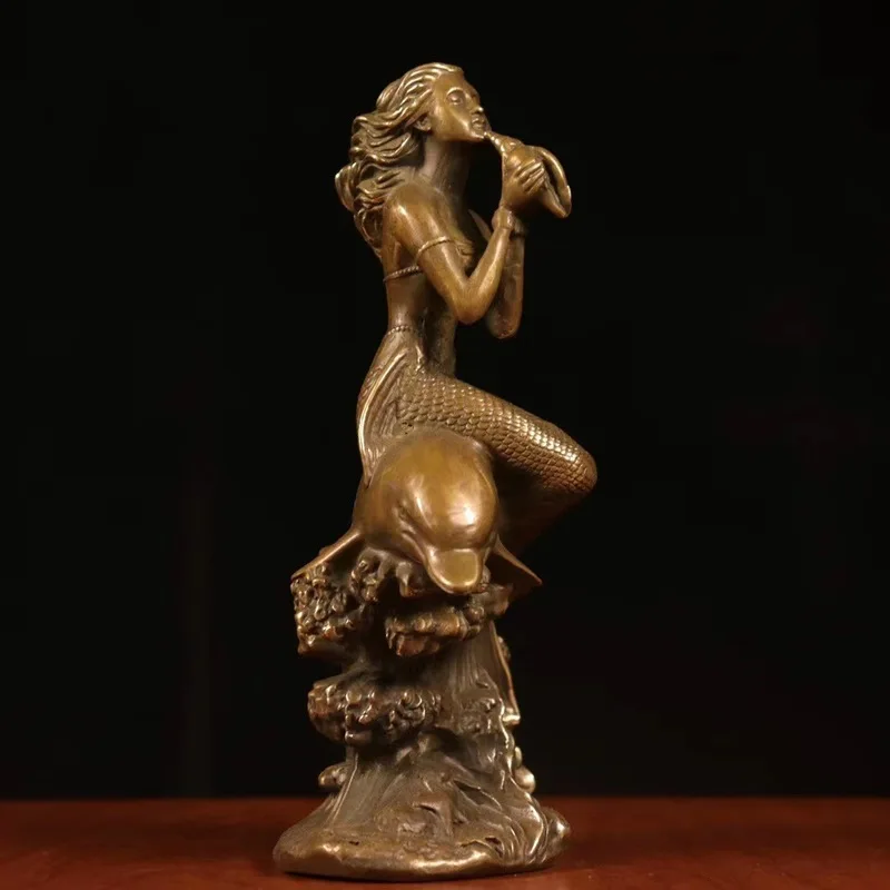 Red copper ornament: creative figure of a mermaid riding a conch, suitable for home, living room, or study decoration