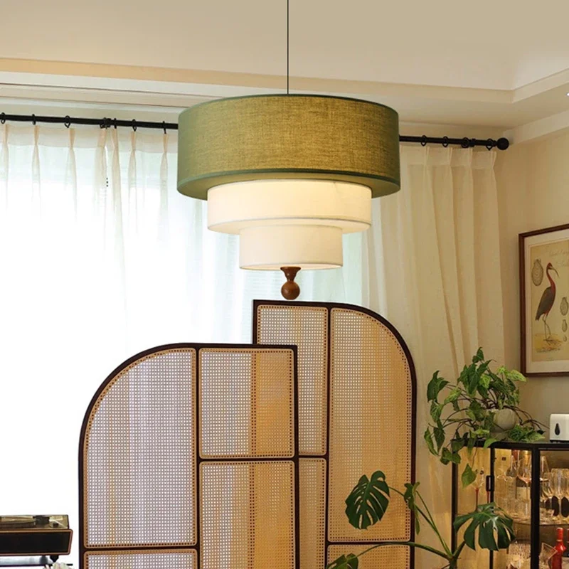 

Винтажный подвесной светильник для гостиной, спальни, ресторана, современный зеленый тканевый абажур с деревянной люстрой