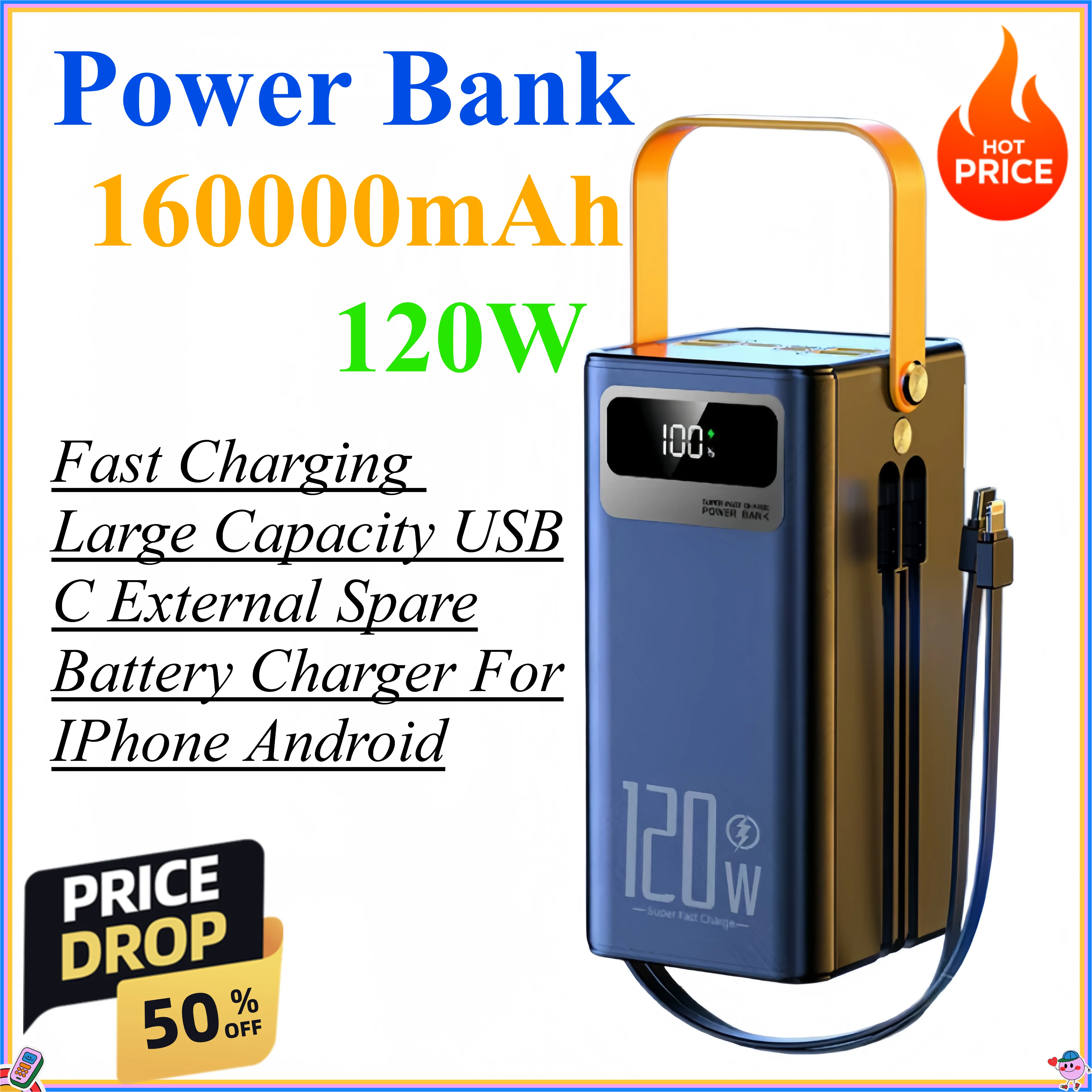 

120W 160000mAh 100000mAh Fast Charging Power Bank Large Capacity USB C External Battery Charger For IPhone 16 Xiaomi Samsung