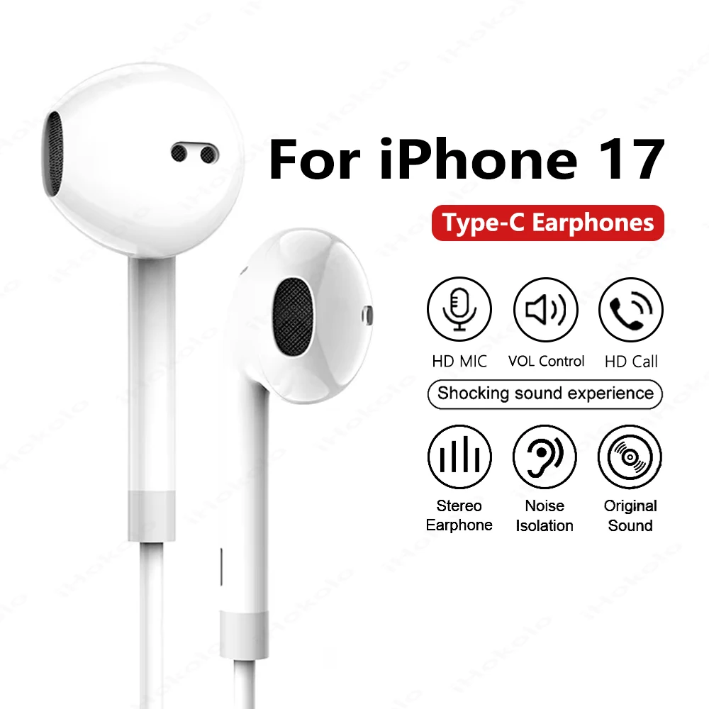 الأصلي USB C سماعات أذن سلكية لابل آيفون 17 برو ماكس 16 15 زائد نوع C سماعات لسامسونج شاومي سماعات الأذن الملحقات