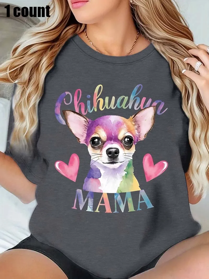 بالإضافة إلى - تي شيرت أبيض برقبة دائرية - قميص مع تشيهواهوا - ماما - طباعة تحت عنوان: حيوان أليف - محب وملون - مصمم