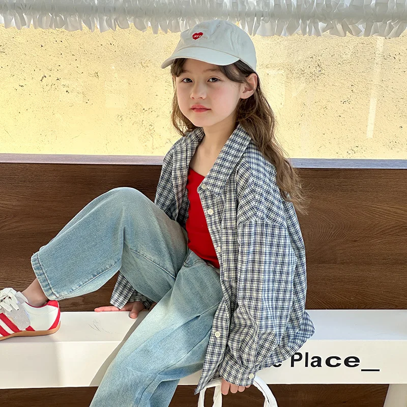 

Childrens Plaid Shirt Spring New Korean Fashionable Casual All-match Plaid Shirt Coat Kids Clothes Girls
