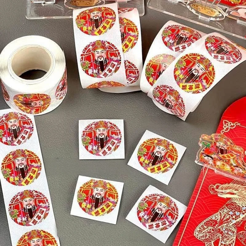 500pcs/Roll Chinese God of Wealth Stickers Lucky Decal Chinese New Year Fortune Self-Adhesive Label for Envelope Gift Box Decor