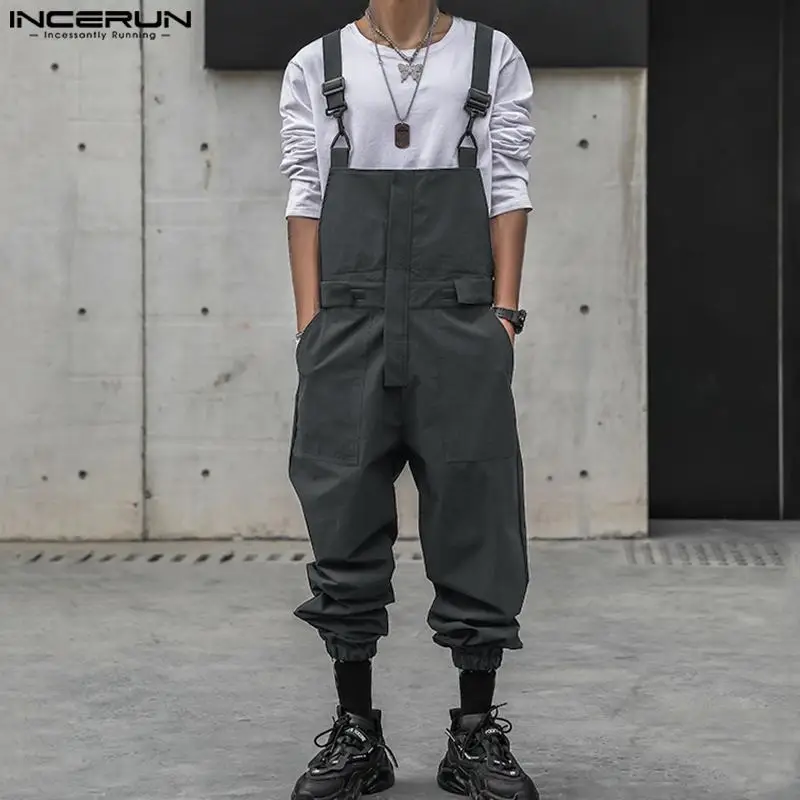 Incerun-Macacão sem mangas monocromático masculino, macacão com correias, streetwear solto, macacão de carga casual masculino, moda, 2024