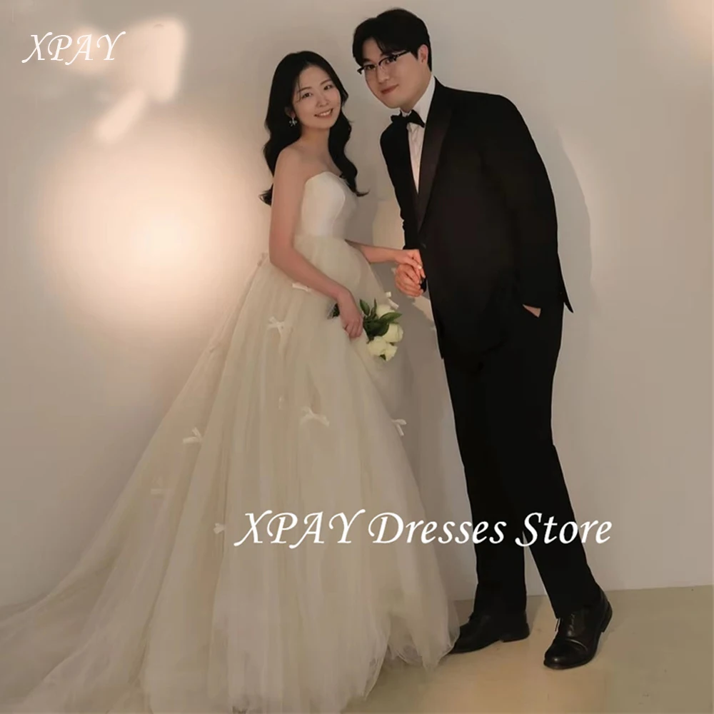 

XPAY Simple Sweetheart A Line Wedding Dresses Korea Photo Shoot Bow Ribbons Evening Dresses Customized Floor Length Bridal Gown