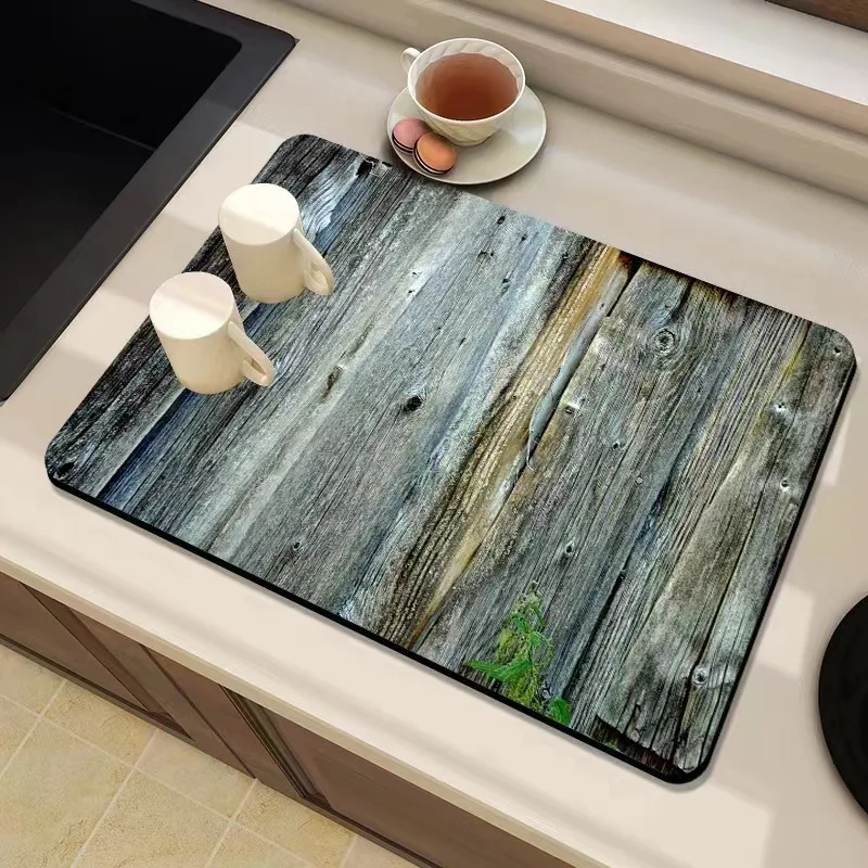 Weathered Grey Wood Print Kitchen Absorbent Mat Quick Dry Dish Pad