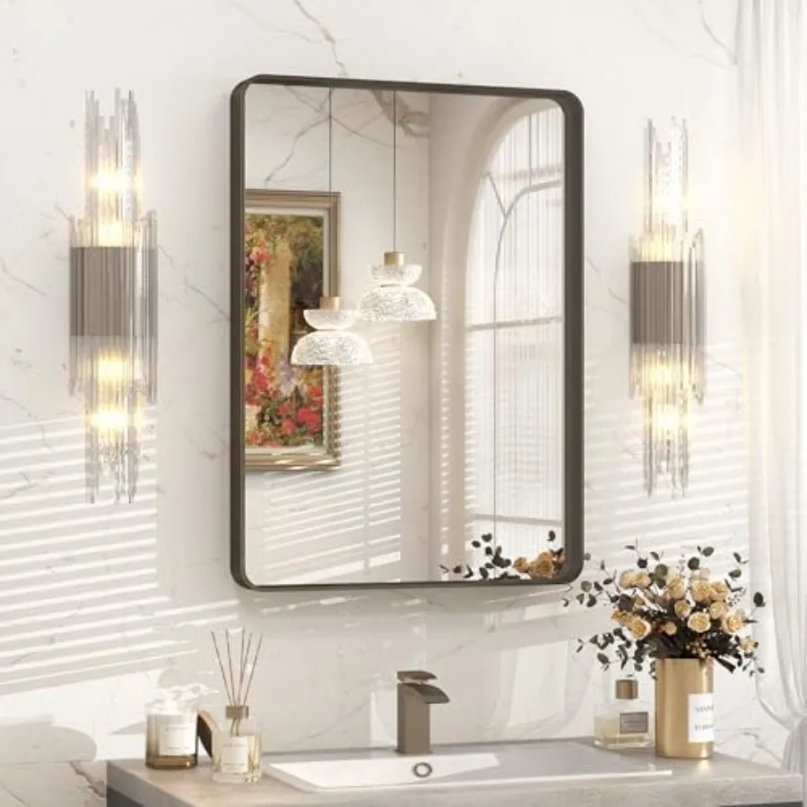 

20x30 Inch Framed Bathroom Mirror Rectangle Brushed Metal Vanity Mirror Rounded Bathroom Vanity Mirror Anti-Rust Shatterproof H