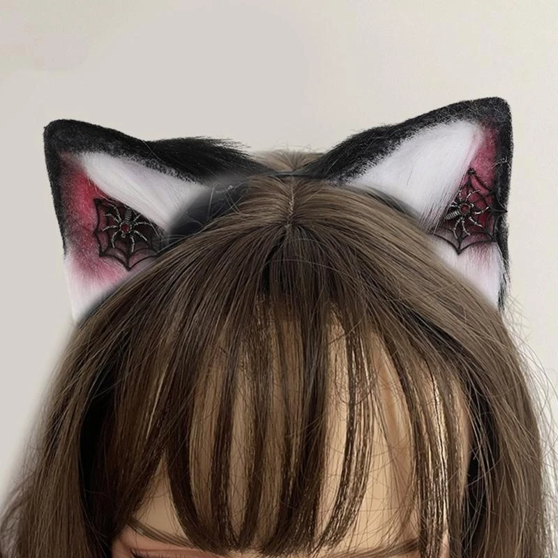 49MF Sweet Students Woman Photoshoots Hairband with Spiderweb Earring Ears Headbands Ethnic Cartoon Hair Hoop