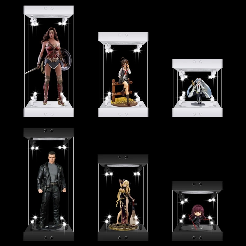 Assembling Rotating LED 12in Figures Model Die cast Display Case with Light for 1/6 Action Figures Collectible with Mirror Back