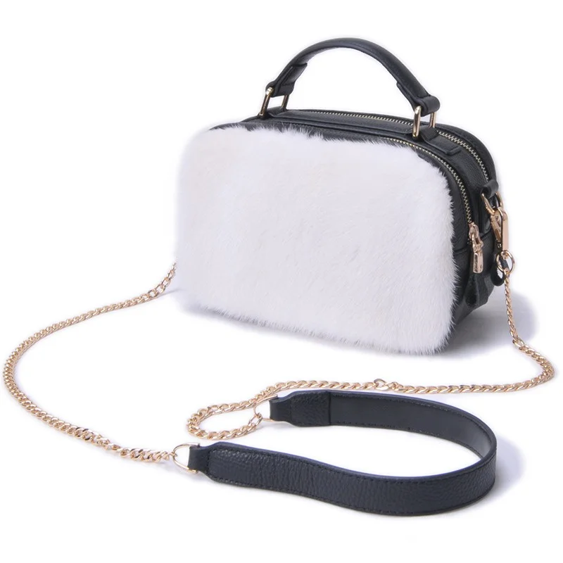 JOCan-Sac à Main de Luxe en Fourrure de Vison, Pochette de Haute Qualité avec Peau de Vache, à Bandoulière, à la Mode, pour Femme