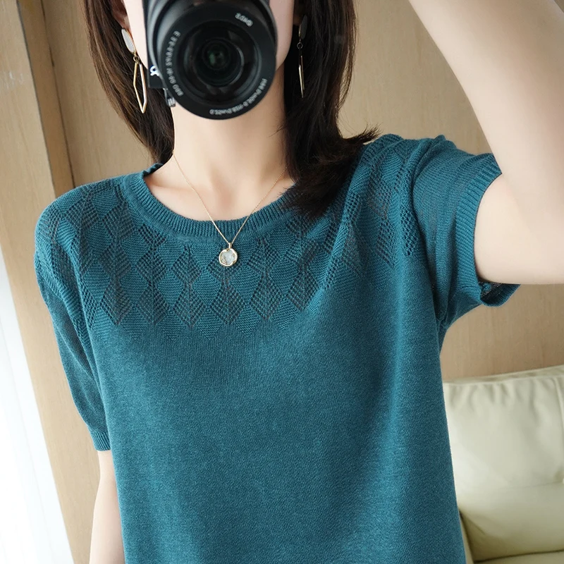 المرأة تي شيرت صيف جديد 100% القطن محبوك قصيرة الأكمام عادية الجوف خارج بلوزة ملابس السيدات O البلوز تيز فضفاض القمم