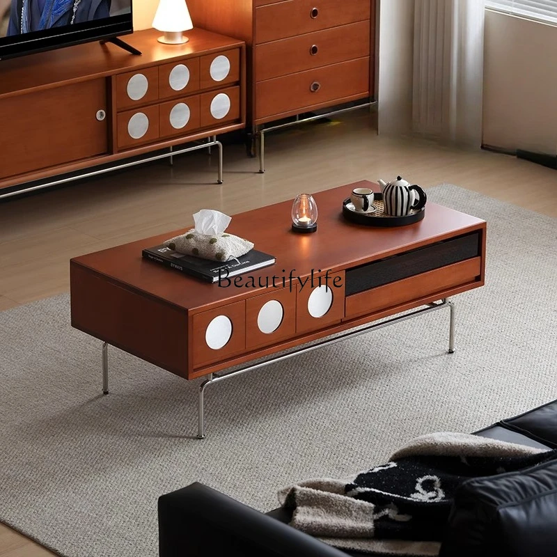 

**Retro solid wood coffee table small apartment living room simple ins stainless steel medieval tea table