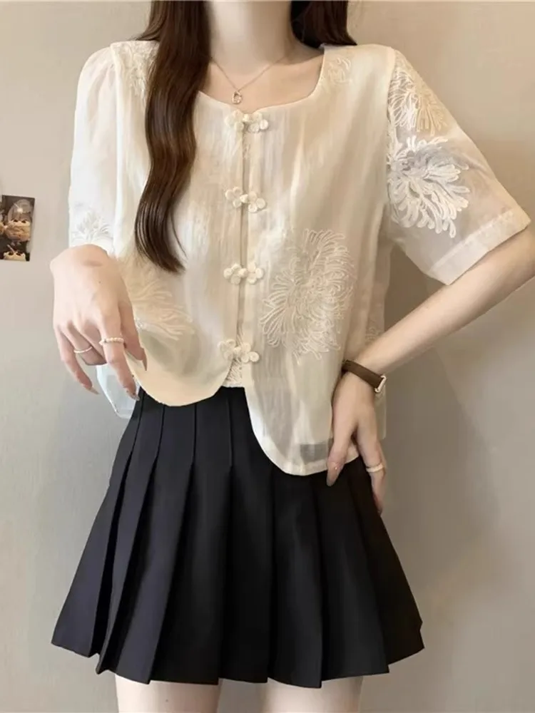 المطرزة بلوزة شيفون المرأة قصيرة الأكمام فضفاضة خمر قمصان مكتب سيدة لباس غير رسمي ربيع الخريف موضة جديدة