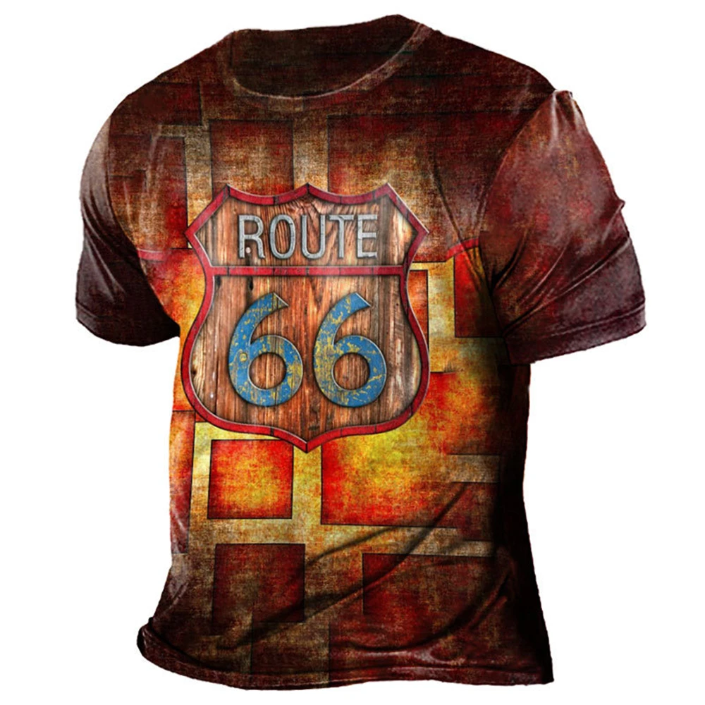 Vintage 66 Route T-Shirt For Men 3D Printed Biker Motor Men\'s Clothing Oversized Short Sleeve Tops Tees Shirt Men Camiseta 6XL