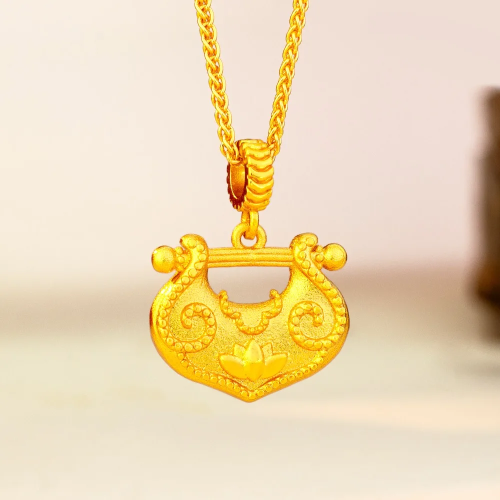 Lotus flower safe lock pendant for women new Chinese style all match collarbone chain jewelry 9999gold