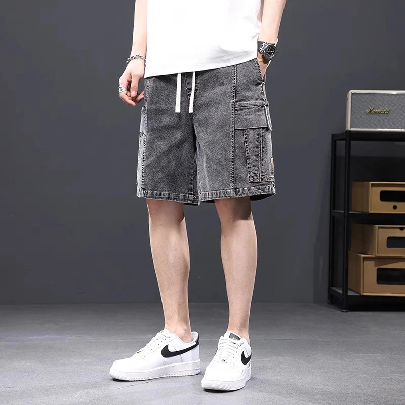 Multiple Pockets Lightweight Denim Short Pants Summer Men Straight Leg Loose Cargo Jeans Male Ice Silk Comfortable Sweatpants ﻿