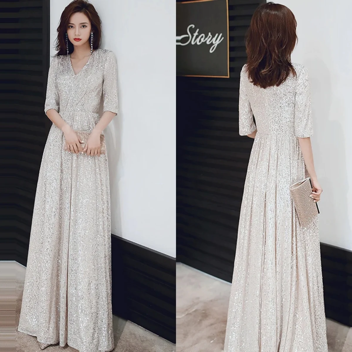 

Evening Dress Champagne Sequins V-neck Half Sleeves Zipper Plus Size A-Line Robe De Soiree Floor-Length Women Party Formal Gown