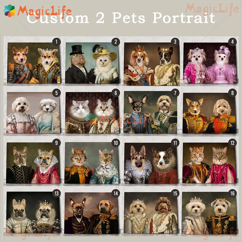 Custom 2 Dogs Portrait Vintage Royal Animals Wall Pictures For Living Room Poster Wall Art Canvas Painting Home Decor Unframed