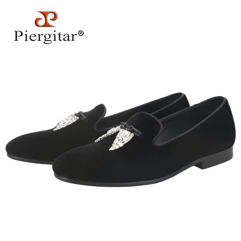 Piergitar Top Grade Black Velvet Men's Loafers With Clear Crystals Tassels Handmade Moccasins For Party And Banquet Formal Dress