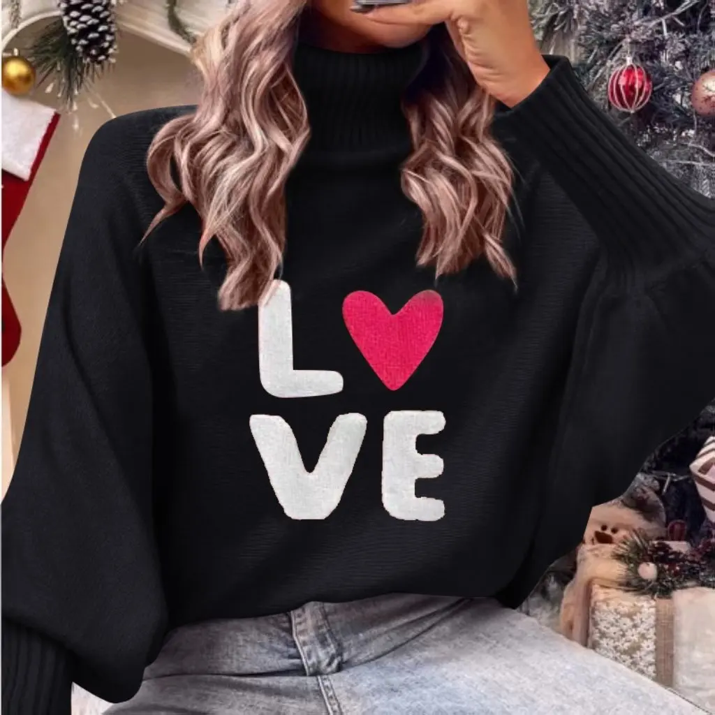 

Valentine's Day Love Theme Red Turtleneck Sweater European American Style Batwing Sleeve Loose Fit Pullover Knitted Top