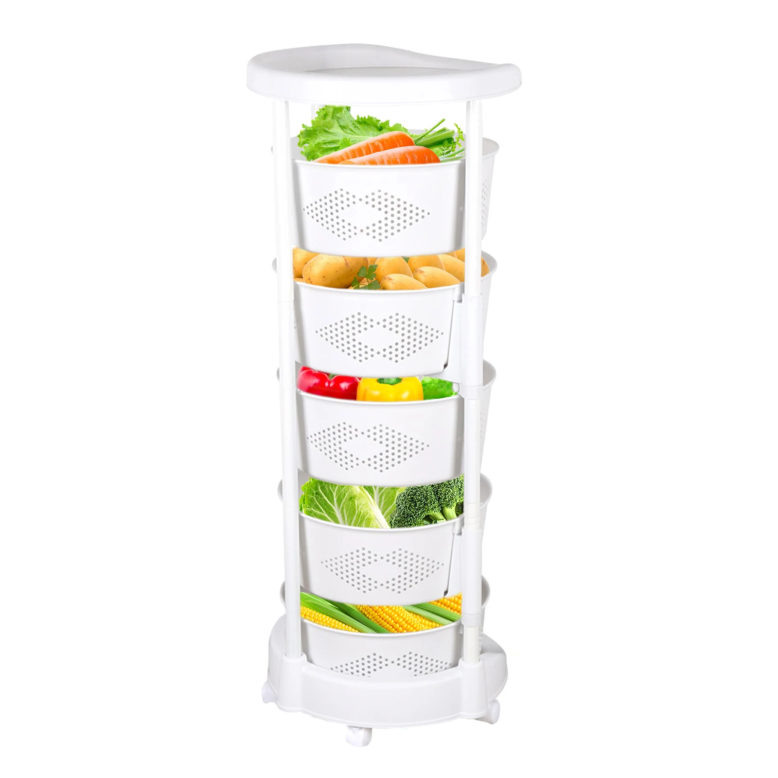 

5 Tier Rotating Storage Shelf Movable Vegetable Fruit Basket Multi-function Kitchen Rack Rolling Wheels