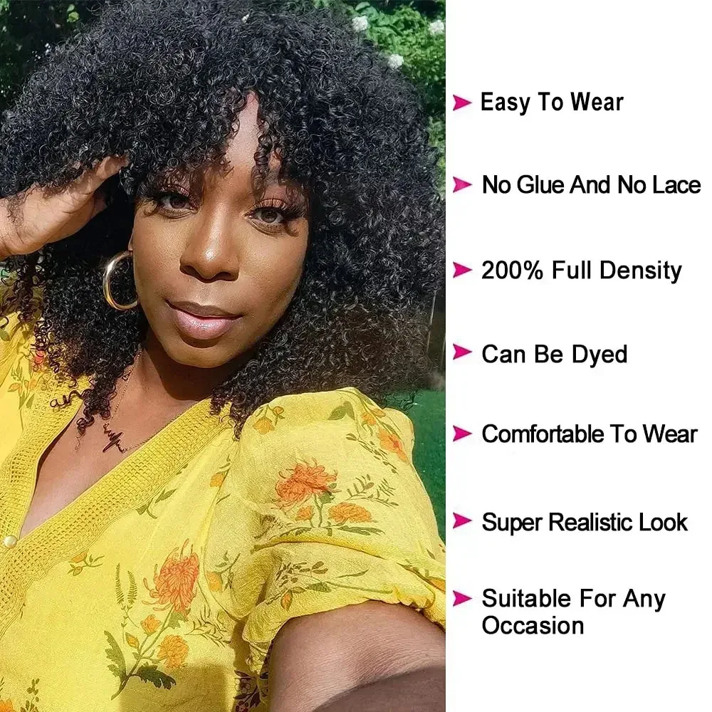 Pelucas de cabello humano rizado Afro con flequillo, cabello humano Remy de 200% de densidad, peluca sin pegamento, pelu