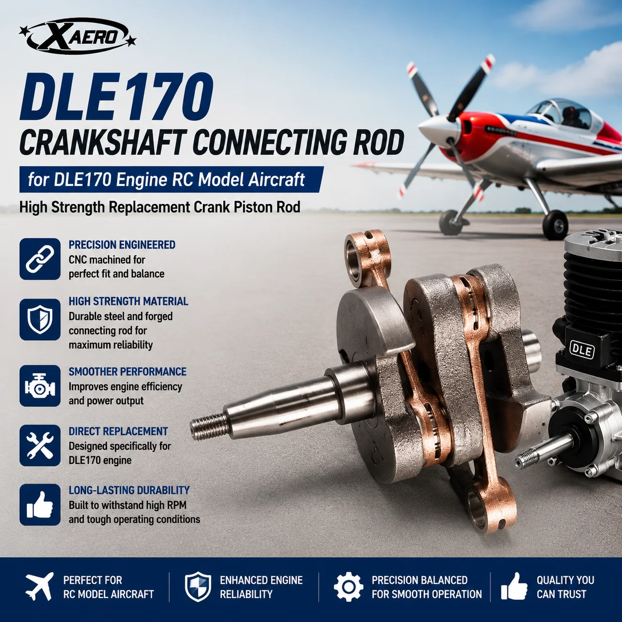 DLE170 Crankshaft Connecting Rod for DLE170 Engine RC Model Aircraft Gas Engine Parts High Strength Replacement Crank Piston Rod