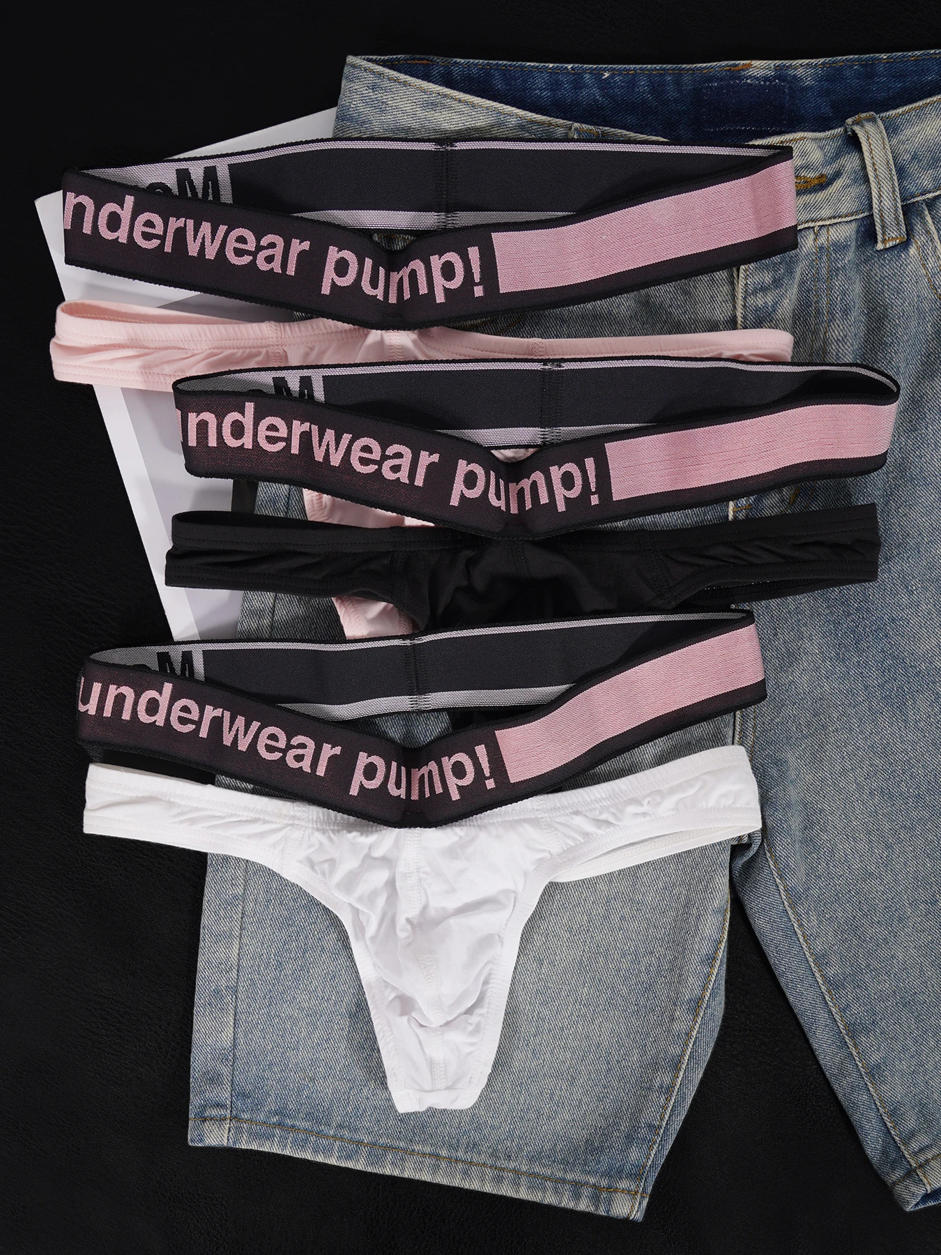 Trendy Little Triangle Men's Youth Low Waist Close Fit Hip Lift Elastic Band Pink Gradient V-neck Hanging Thong Underwear