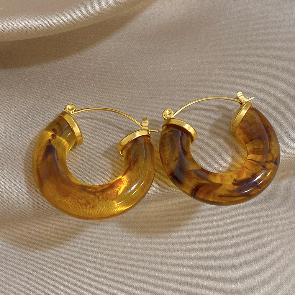 AENSOA Chunky Amber Resin Hoop Earrings Jewelry for Women Gold Plated Waterproof Retro C Shape Hoop Earrings Daily Gift