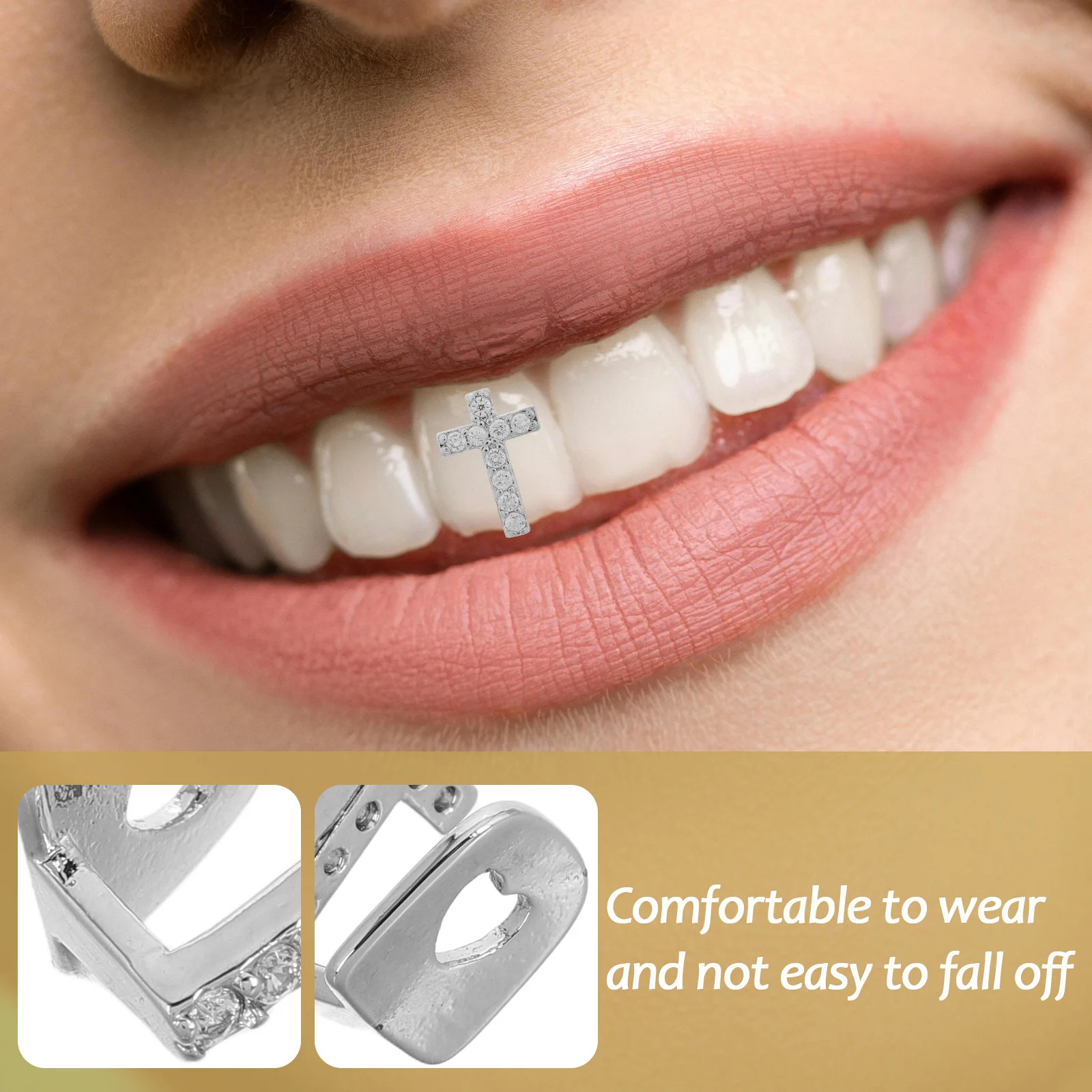 1Set Single Tooth Cap with Zircon Cross Hip Hop Grill Stylish Comfortable Fit Party Accessory for Rapper Cosplay Events Teeth