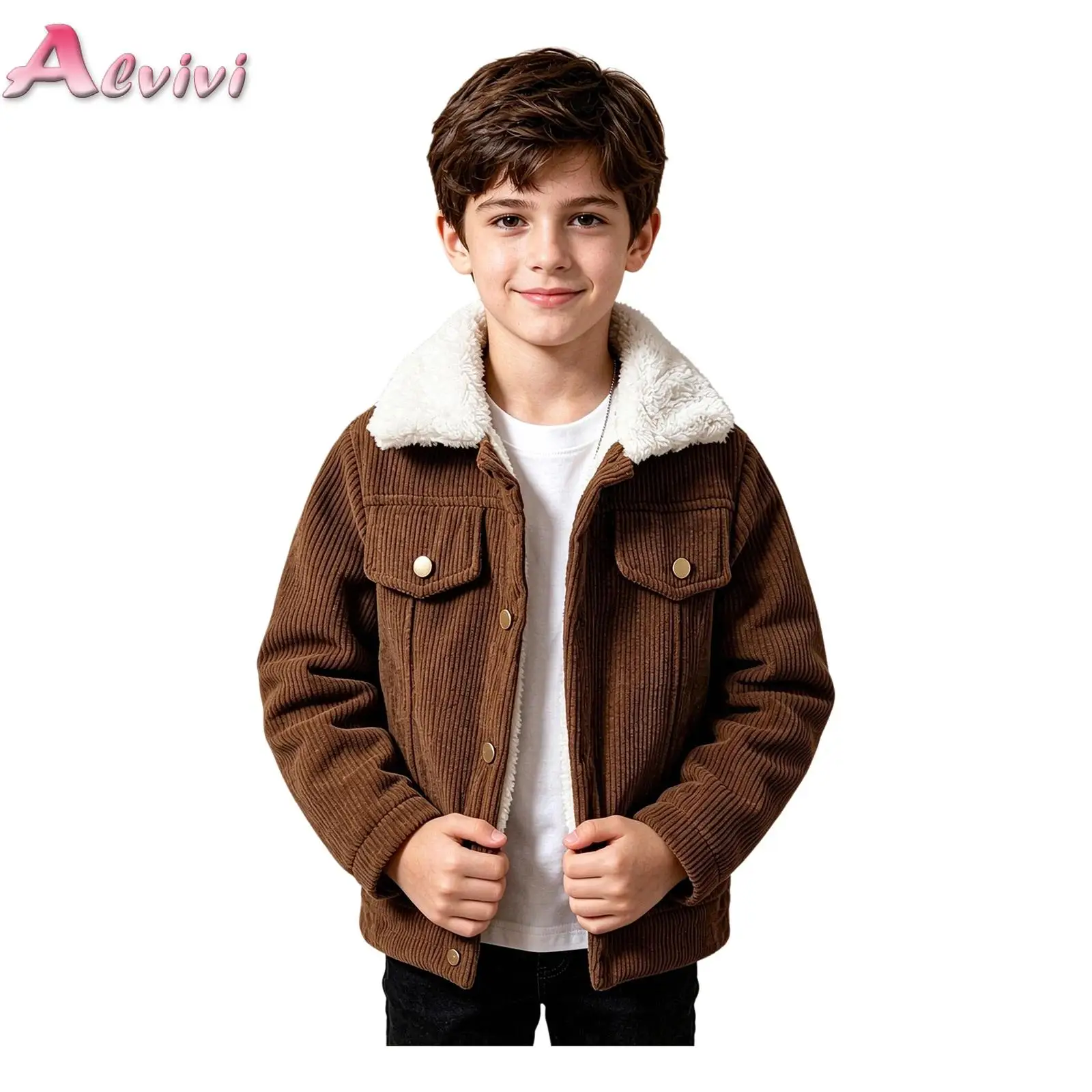 Kids Boys Fleece-lined Corduroy Jacket Furry Collar Long Sleeve Button Fake Pocket Coat for Casual Daily Life Family Gathering