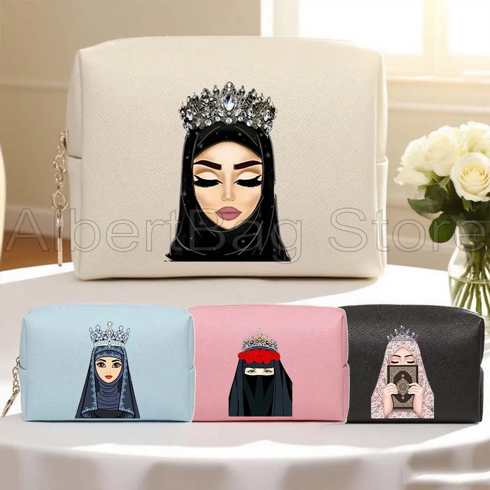 

Luxury Islamic Muslim Arabic Woman Crown Hijab Face PU Leather Travel Cosmetic Bags Women Makeup Waterproof Toiletry Storage Bag
