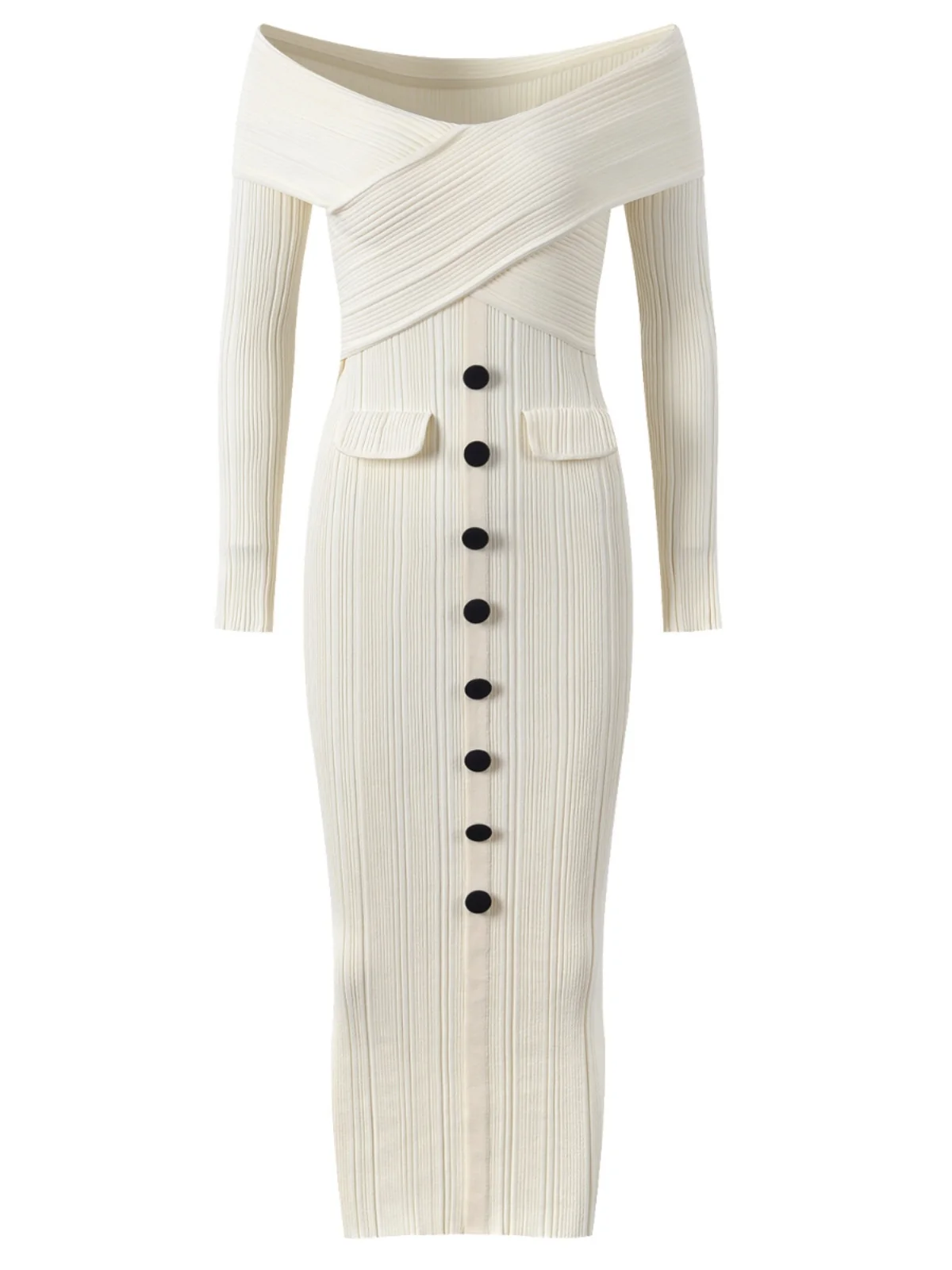 

Ele Lady Design One oulder Single Button Sexy Slimming White Knitted Dr Long Sve V Ne Autumn Faion Women's Dr