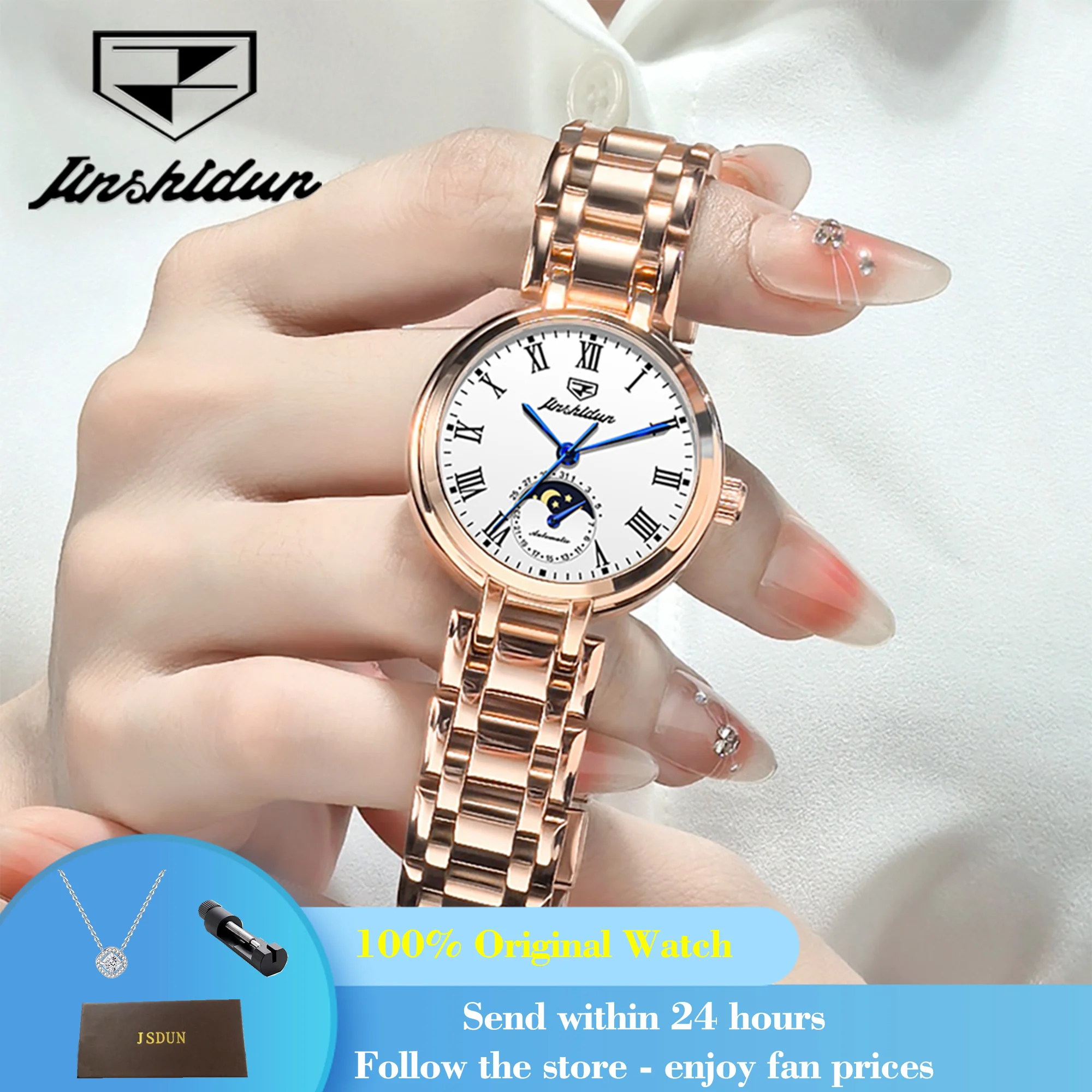JSDUN 8981 Woman Watch Roman Scale Moon Phase Watch For Women Business Date Waterproof Automatic Mechanical Original Wristwatch