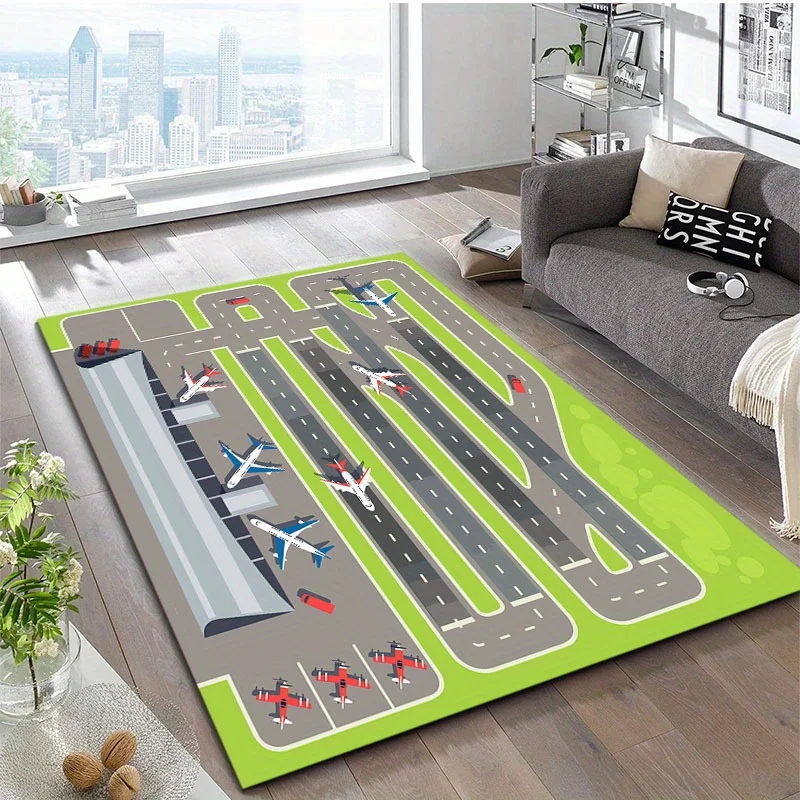 Airport Runway Airplane Print Non-slip Play Rug Interactive Educational Floor Mat for Bedroom Playroom Decor