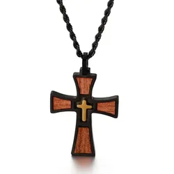 Church Baptism Wood Cross Pendant Necklaces for Men Bible Stainless Steel Christian Religious Jewelry 24Inch Chain