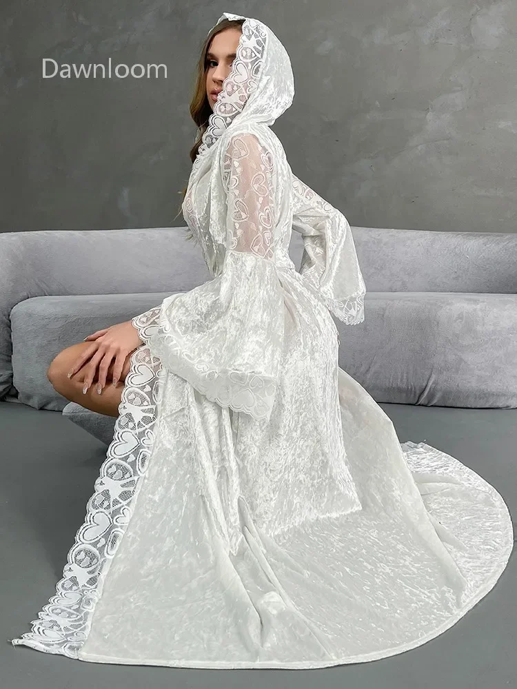 Dawnloom Women's White Lace Nightgown with Heart-Shaped Hood Long Trumpet Sleeves Drawstrings Sexy Home Wear