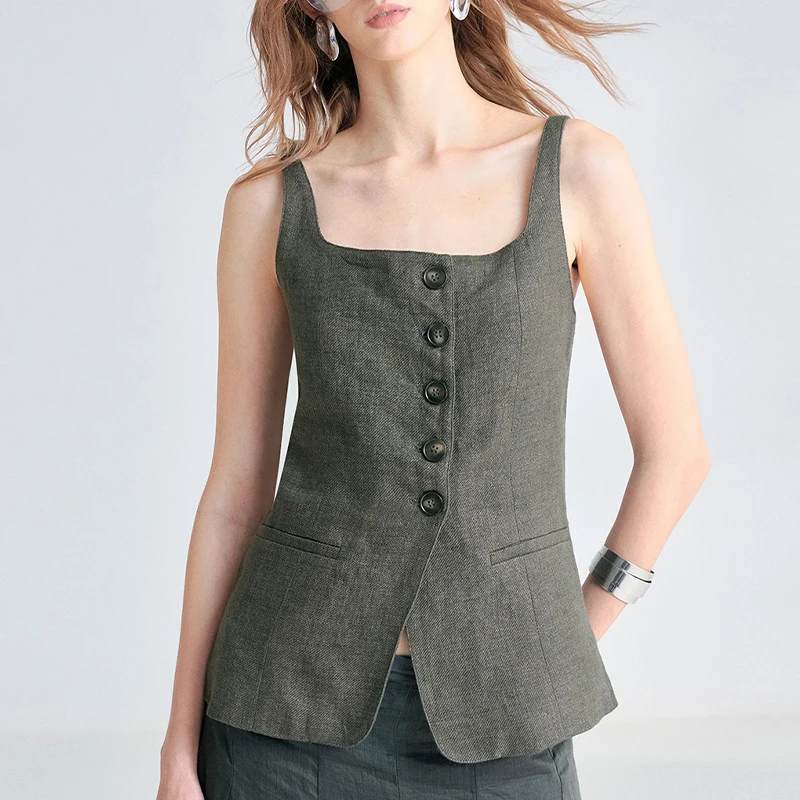 100% Linen Women's Square-Neck Vest Tops Summer New Retro Urban Office Ladies Camisole Slim Button-Down Sleeveless Tank Top