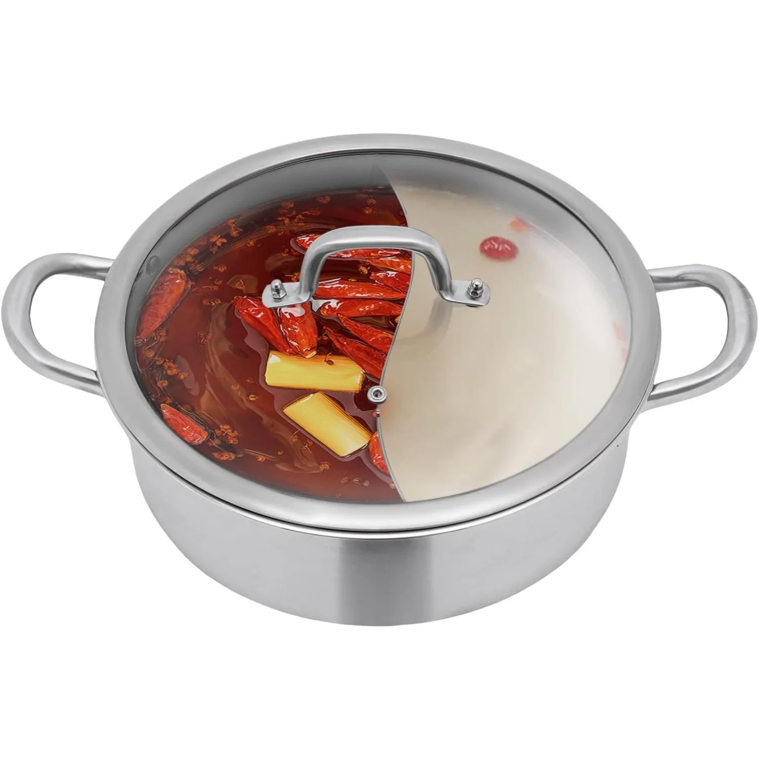 Split Hot Pot, Stainless Stee Dual Sided Cooking Soup Hot Pot with 2 Spoons and 1 Tempered Glass Lid for Induction Cooktop