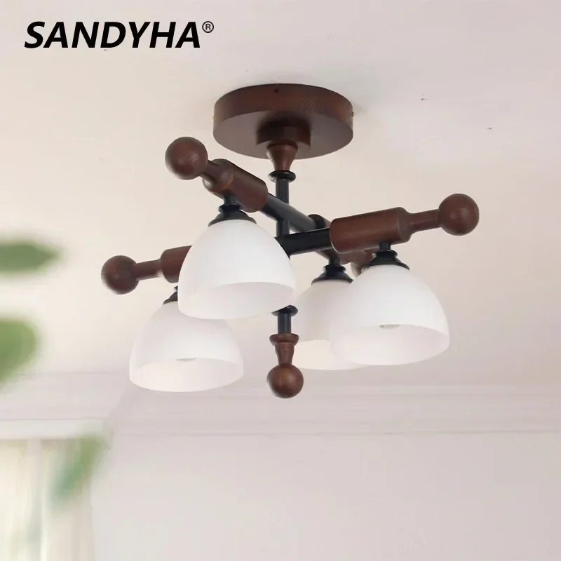 

SANDYHA Chinese Style Ceiling Light Retro Wood Design Pendant Lights Home Decor living room Dining Table Bedroom Study Led Lamp