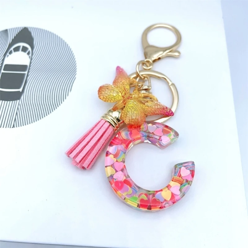 Heart Sequins Initial Letter Keychain Tassels Butterfly Pendant Charm Keyring for Car Key Women Handbag Pendant Dropshipping