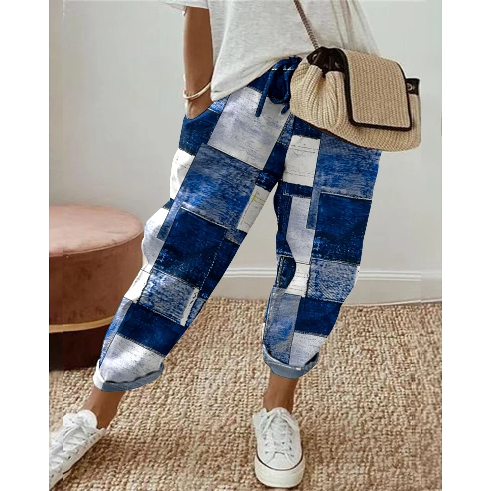 

Monochrome Long Trousers for Women, Denim Look Print, Pocket Design, Drawstring Cuffed Pants, Casual Streetwear, Summer Clothing