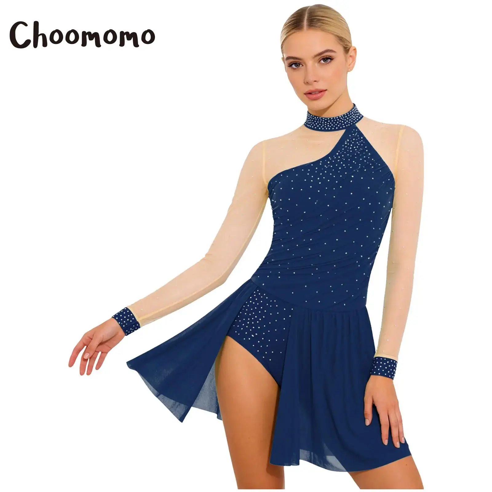 

Women Modern Lyrical Dance Dress Rhinestone Sheer Mesh Ballet Gymnastics Leotard Contemporary Figure Skating Performance Costume