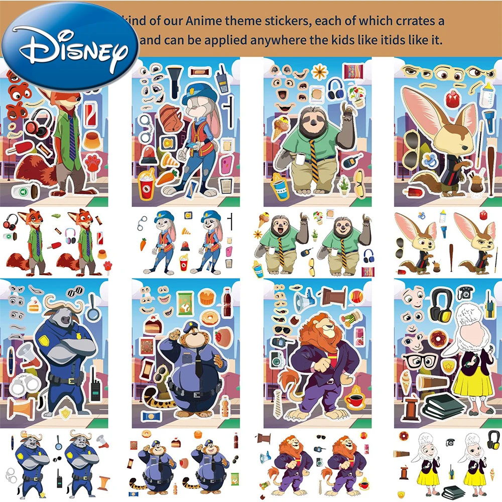 8/16sheets Disney Cartoon Zootopia Children Puzzle Stickers Make A Face Funny Kids Party Decoration Decals Assemble Jigsaw Toys