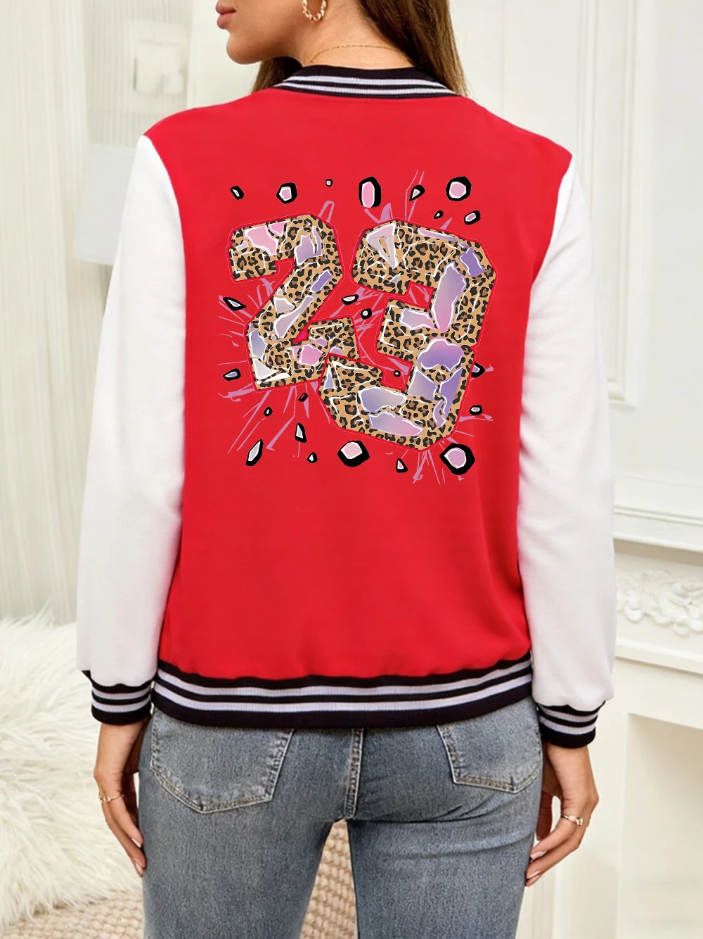 

23 Letter Leopard Printing Jackets Women Comfortable Soft Baseball Jersey Street Loose Coats Winter Fleece Warm Woman Clothes